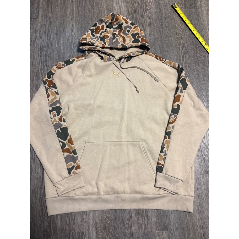 Under Armour Mens 3XL Rival Fleece Hoodie Tan Camo Raglan Sweatshirt Logo